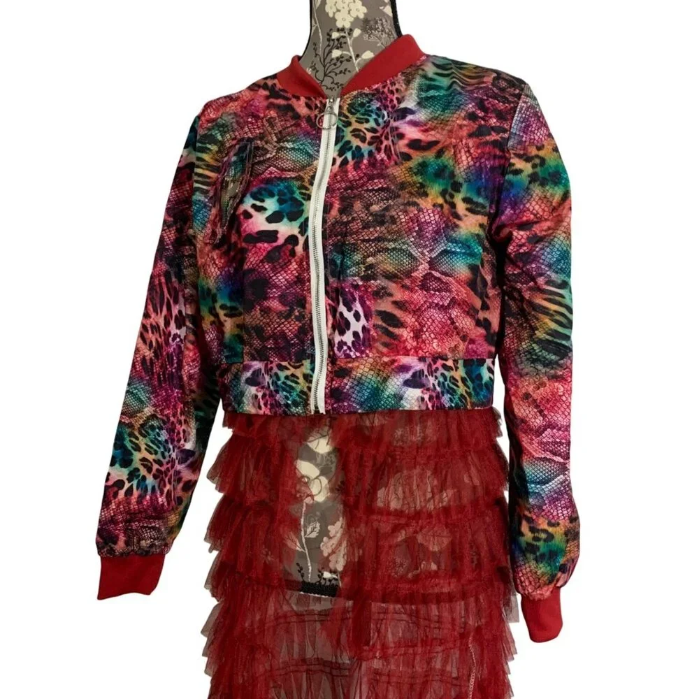 Animal Print Lightweight Bomber Jacket Open Front Tulle Mesh Bottom Womens SZ S